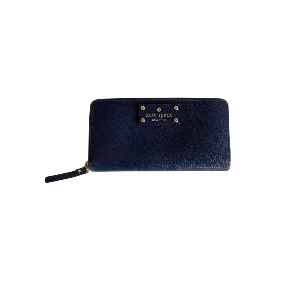 kate spade Navy Pebbled Leather Zip Around Wallet with Gold Plaque